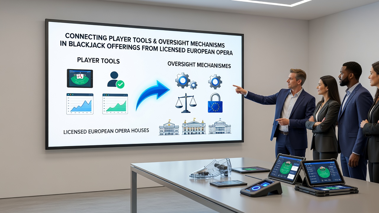 Schnittstelle eines Überwachungsdashboards mit verbundenen Blackjack-Strategietools in einem regulierten europäischen Casino