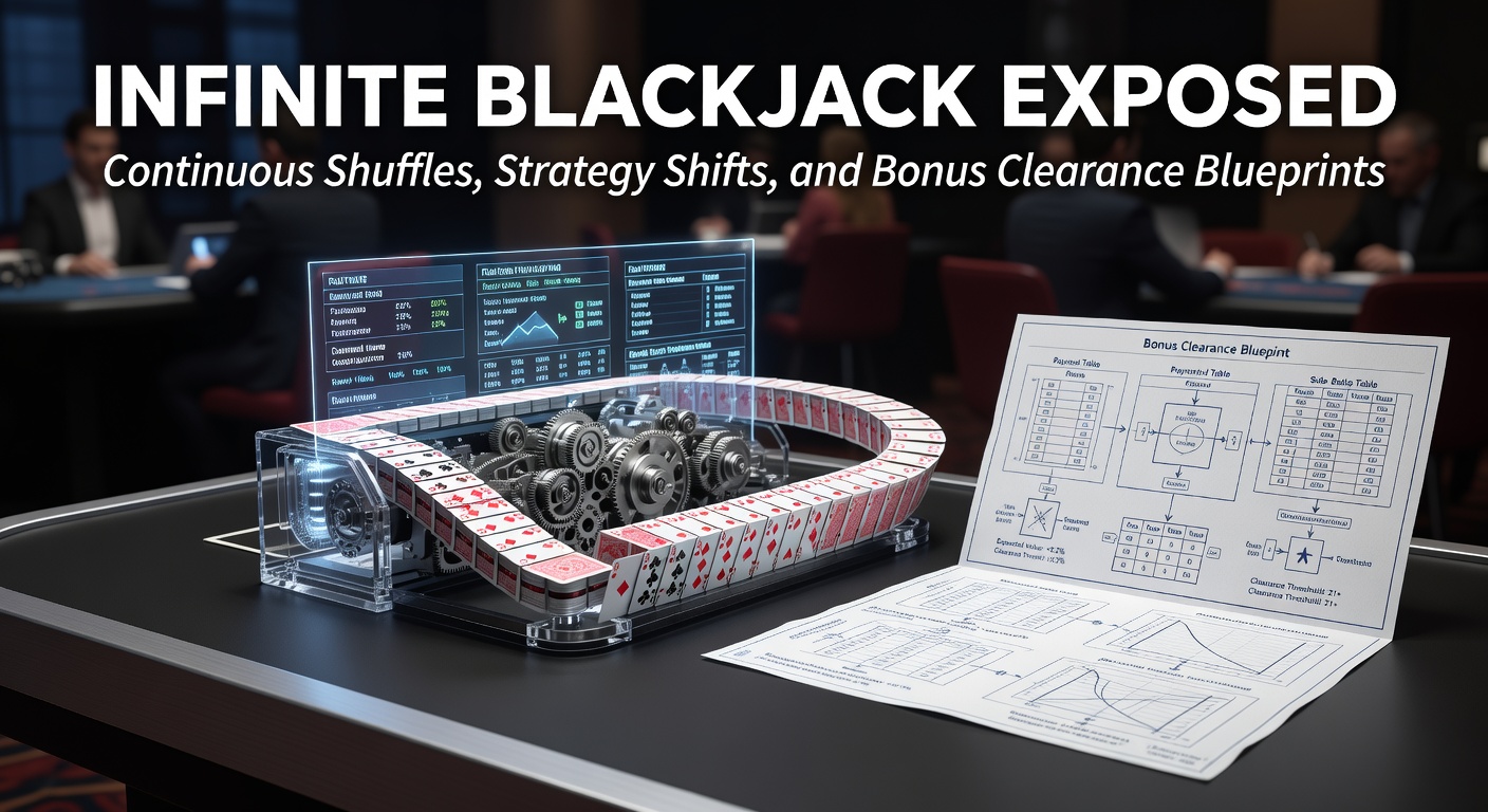 Darstellung eines Infinite-Blackjack-Tisches mit kontinuierlicher Shuffle-Maschine in Aktion, Karten fliegen durch die Luft während Dealer und Spieler fokussiert bleiben