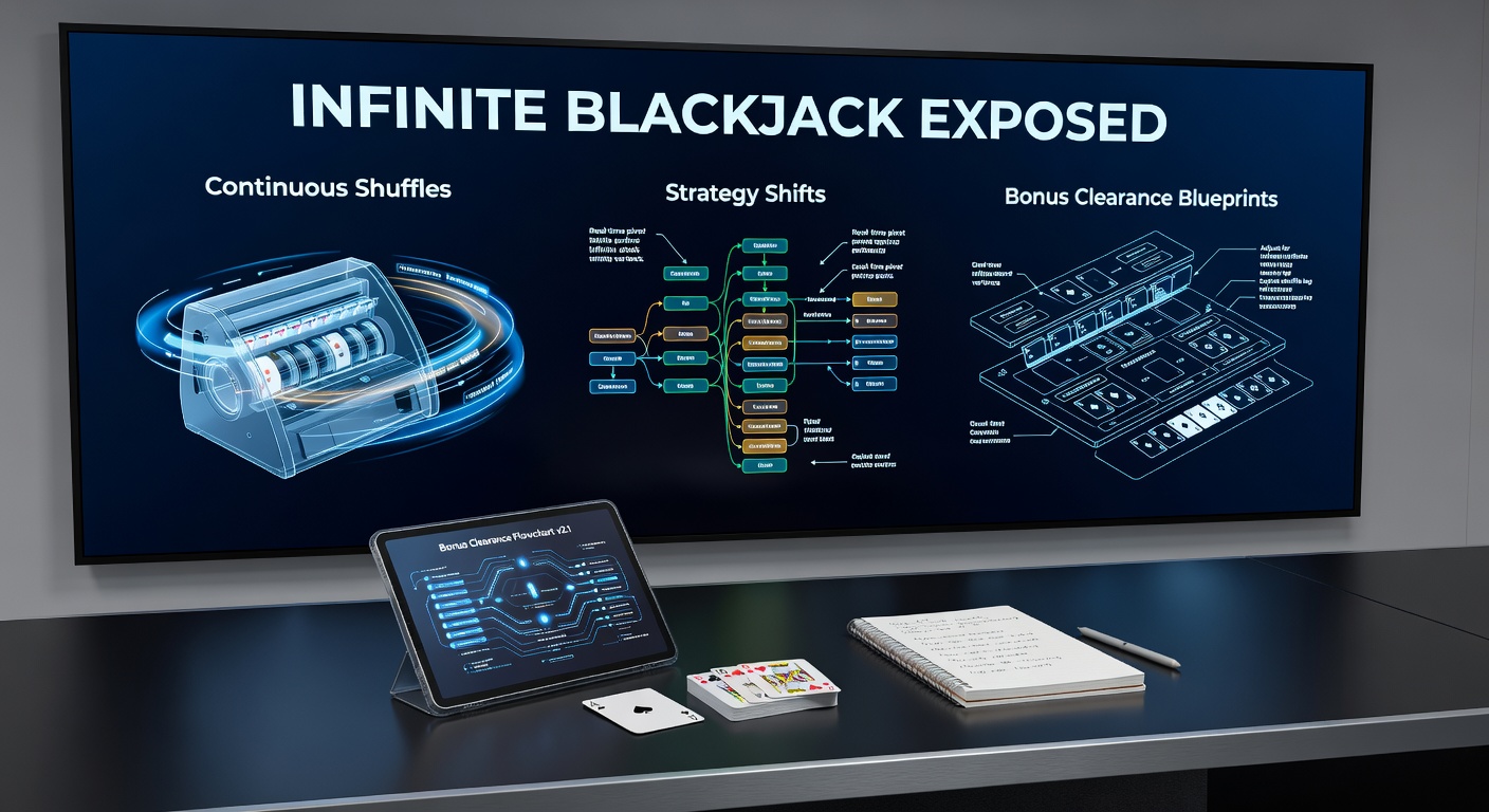 Nahaufnahme eines Spielers am Infinite-Blackjack-Tisch, der Strategie-Chart konsultiert, während Karten durch die CSM wirbeln und Side-Bets beleuchtet werden