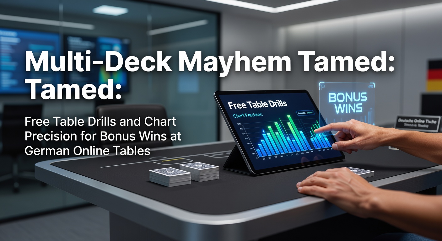 Ein virtueller Multi-Deck-Blackjack-Tisch mit Strategie-Chart im Vordergrund, der Übungen für präzise Entscheidungen zeigt