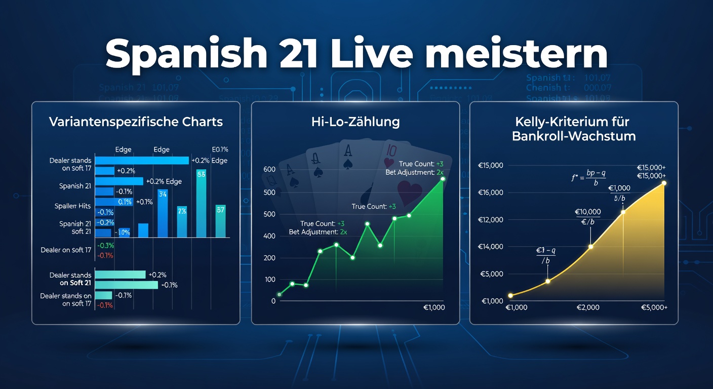 Grafik mit Spanish 21 Basic Strategy Chart für Live-Tische, die variantenspezifische Entscheidungen wie Double und Split hervorhebt